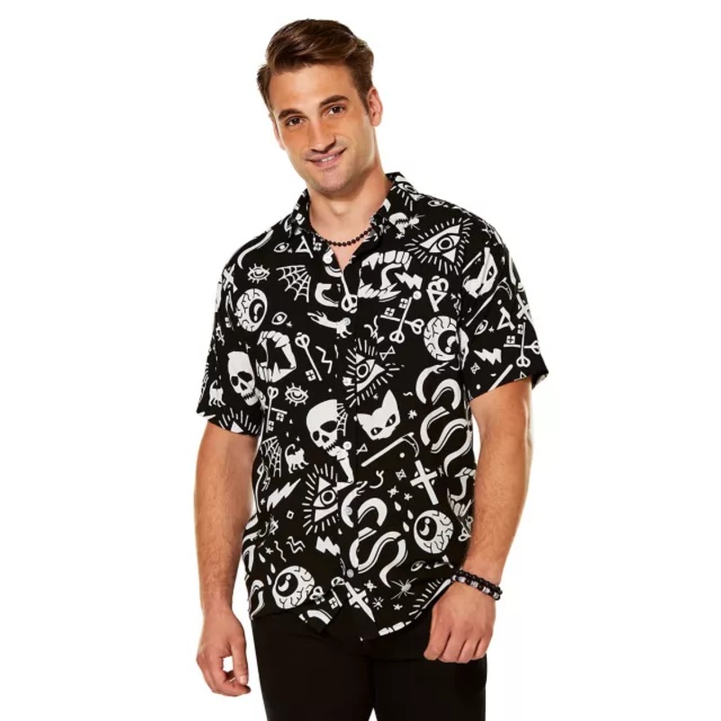 Adult Mystical Icons Button Up Shirt BLACK AND WHITE ADULT MEDIUM