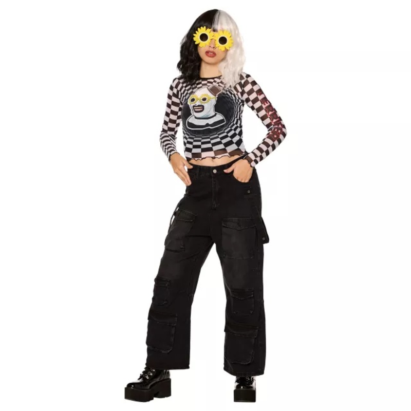 Adult Art the Clown Checkered Mesh Top - Terrifier BLACK AND WHITE ADULT SMALL