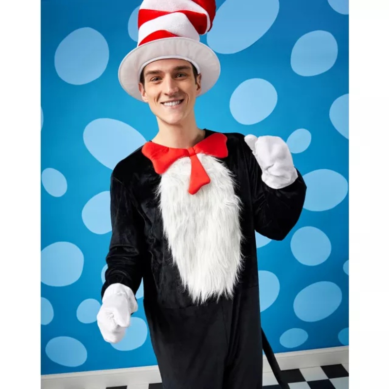 Adult Cat in the Hat One Piece Costume - Dr. Seuss BLACK SMALL/MEDIUM