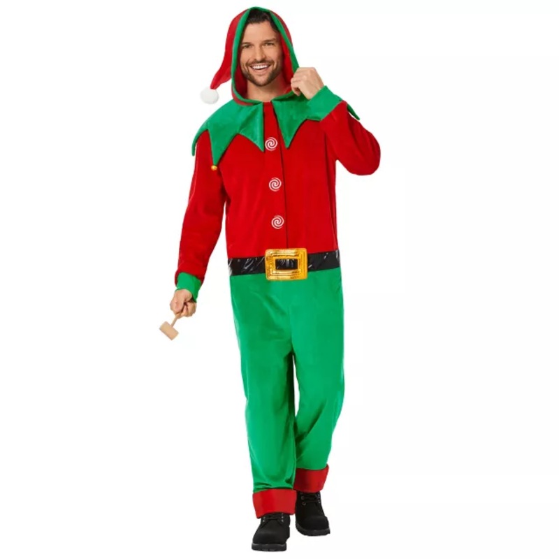 Adult Elf Jumpsuit Costume RED GREEN SMALL/MEDIUM