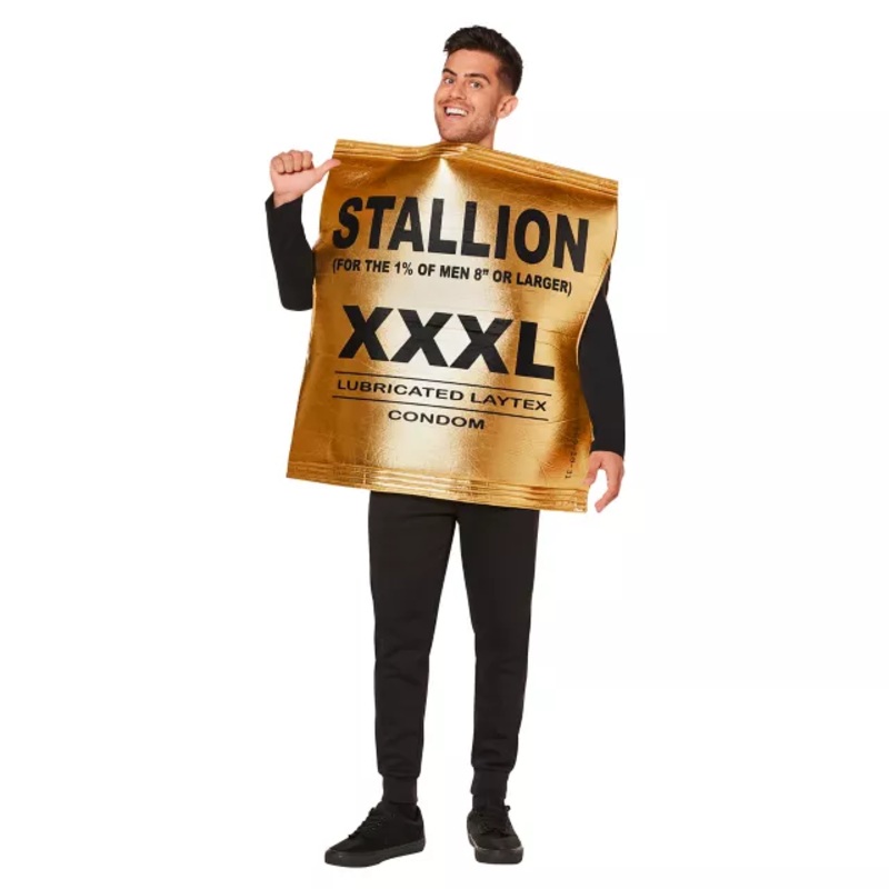Adult Stallion Condom Wrapper Costume BLACK/GOLD ONE SIZE FITS MOST