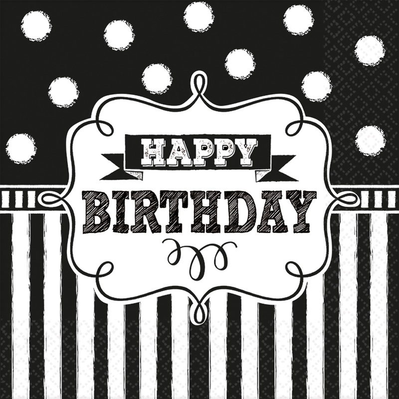 16 Black & White Birthday napkins 33cm