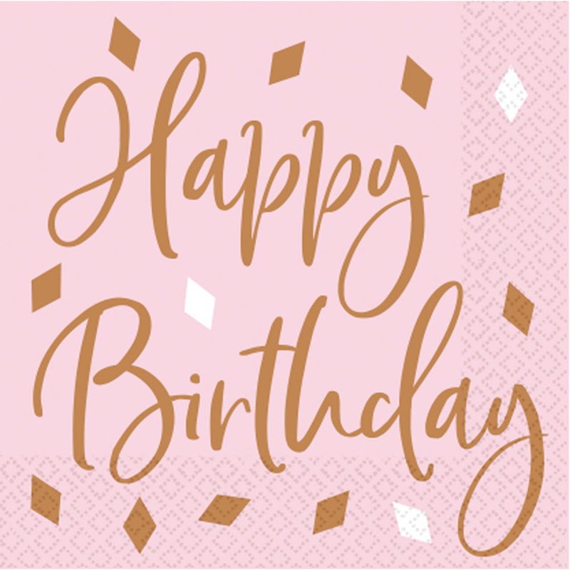16 Happy Birthday napkins tinsel rose gold