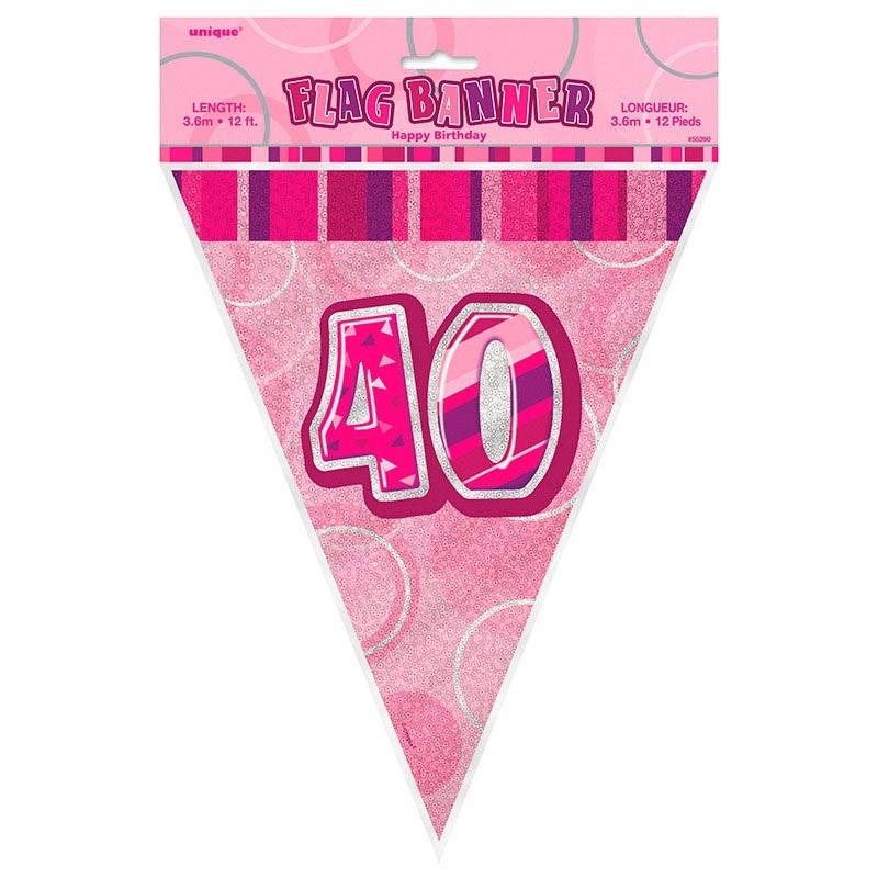 40th birthday glittering pennant chain pink