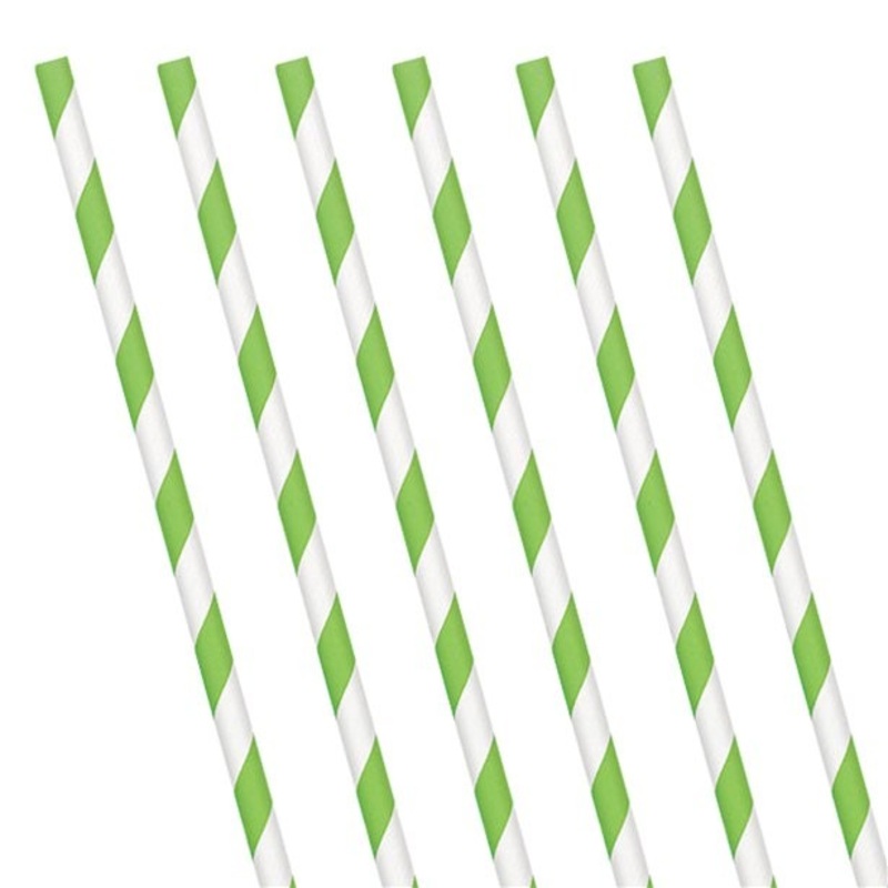 24 green striped paper straws 19cm