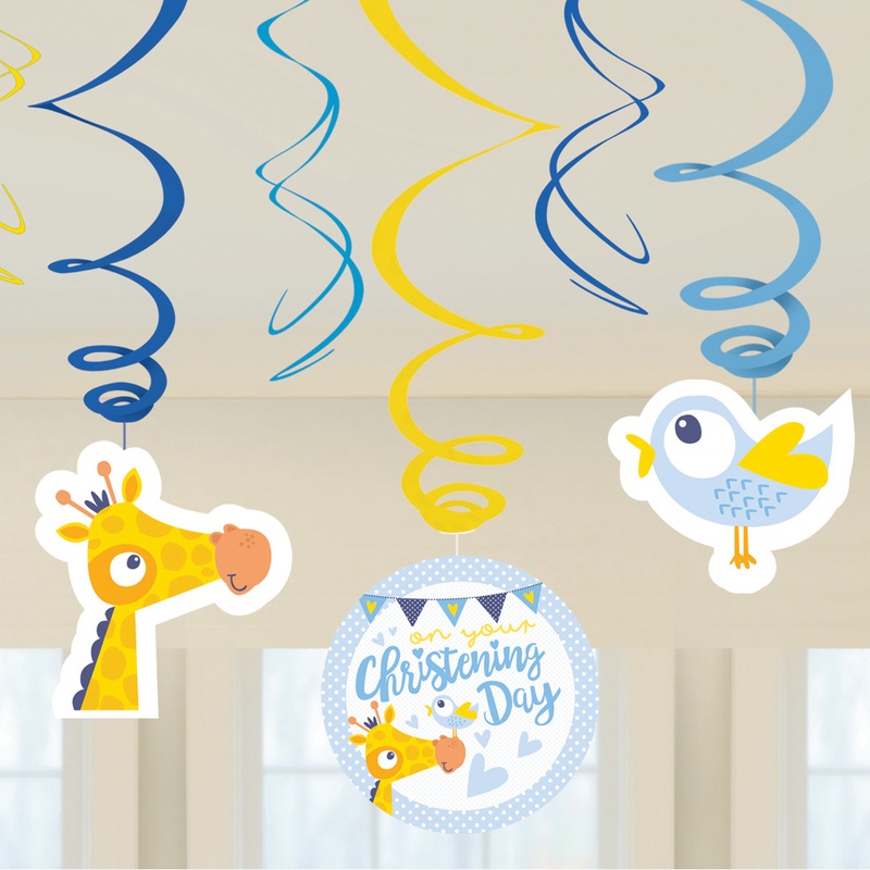 6 Christening Day spiral hangers blue