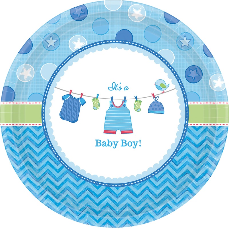 8 Baby Boy Round Paper Plates Blue 26.6cm