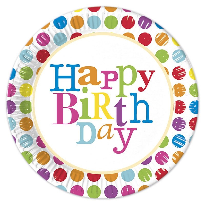 8 colorful Happy Birthday paper plates 23cm