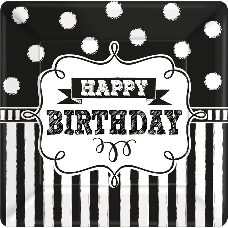 8 Black & White Birthday paper plates 25cm