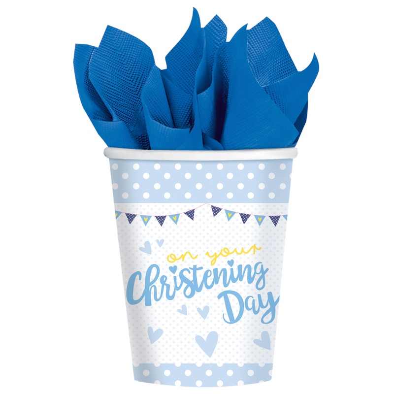 8 Christening Day paper cups blue 266ml
