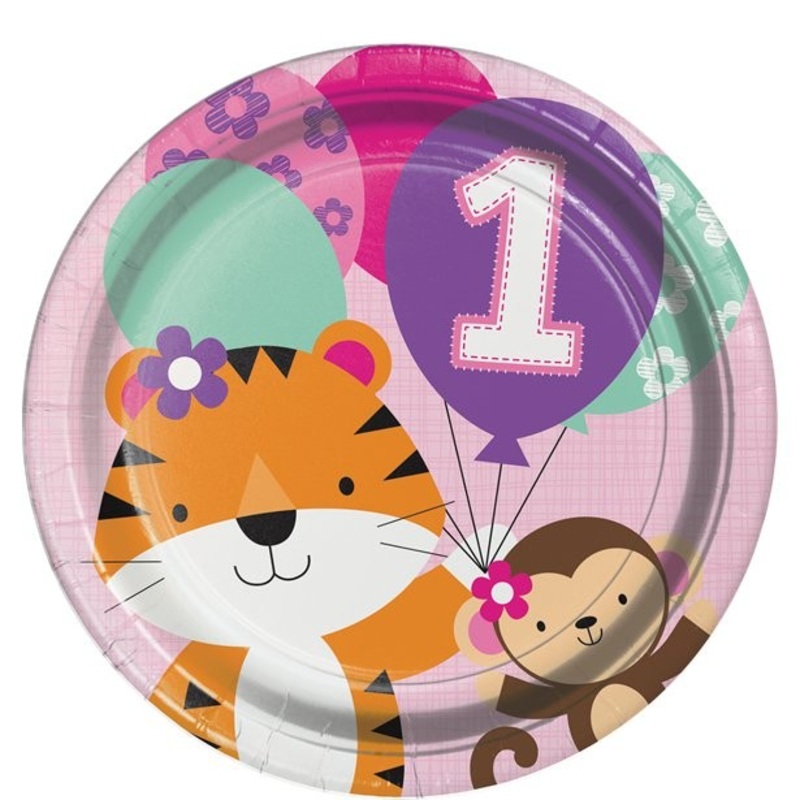 8 First Wild Birthday paper plates pink 23cm