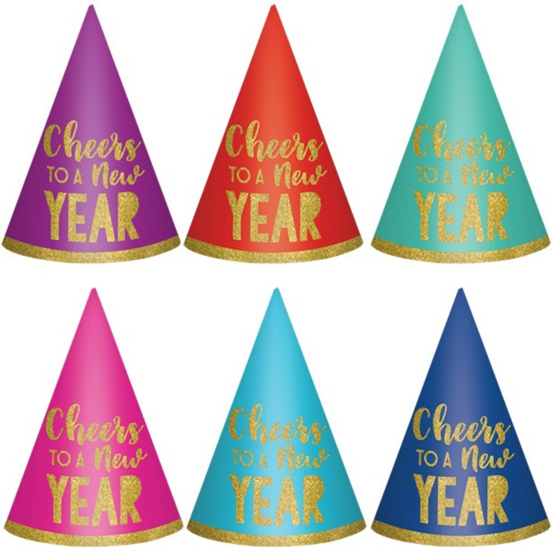6 Colorful New Year party hats 16cm