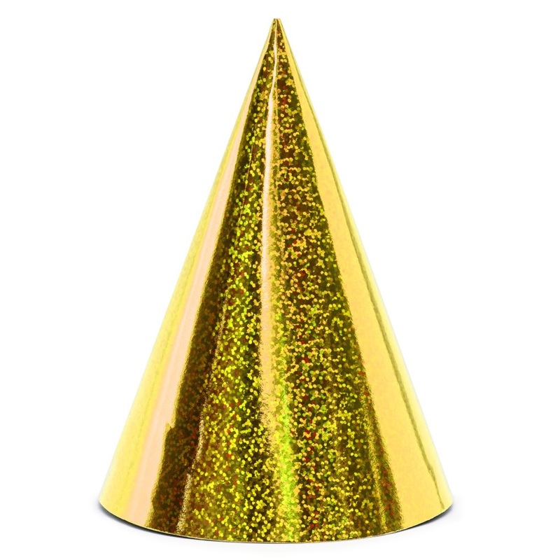 6 holographic party hats in gold