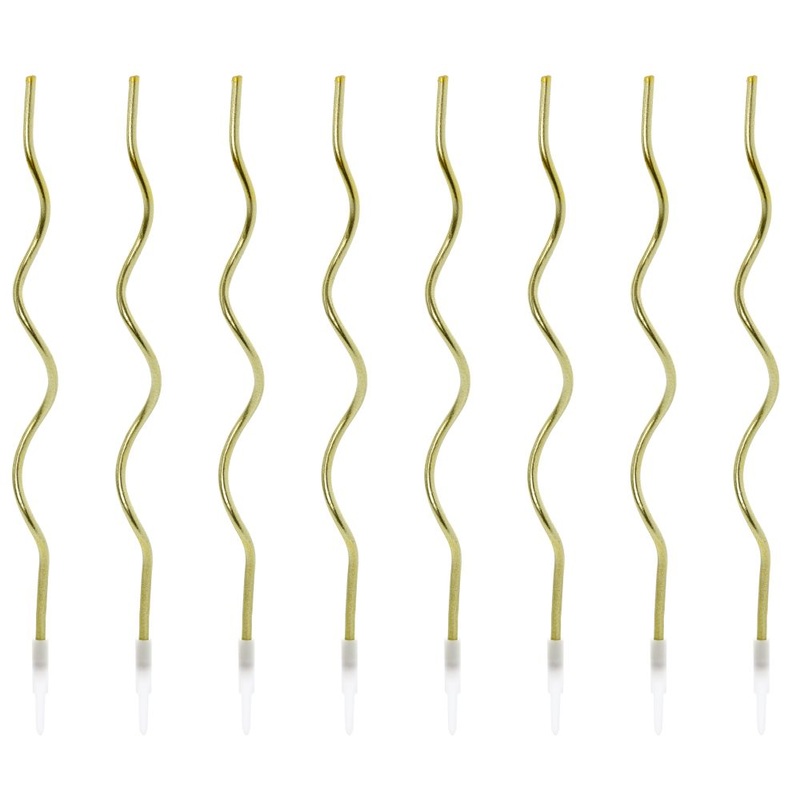 8 golden curly cake candles 14cm