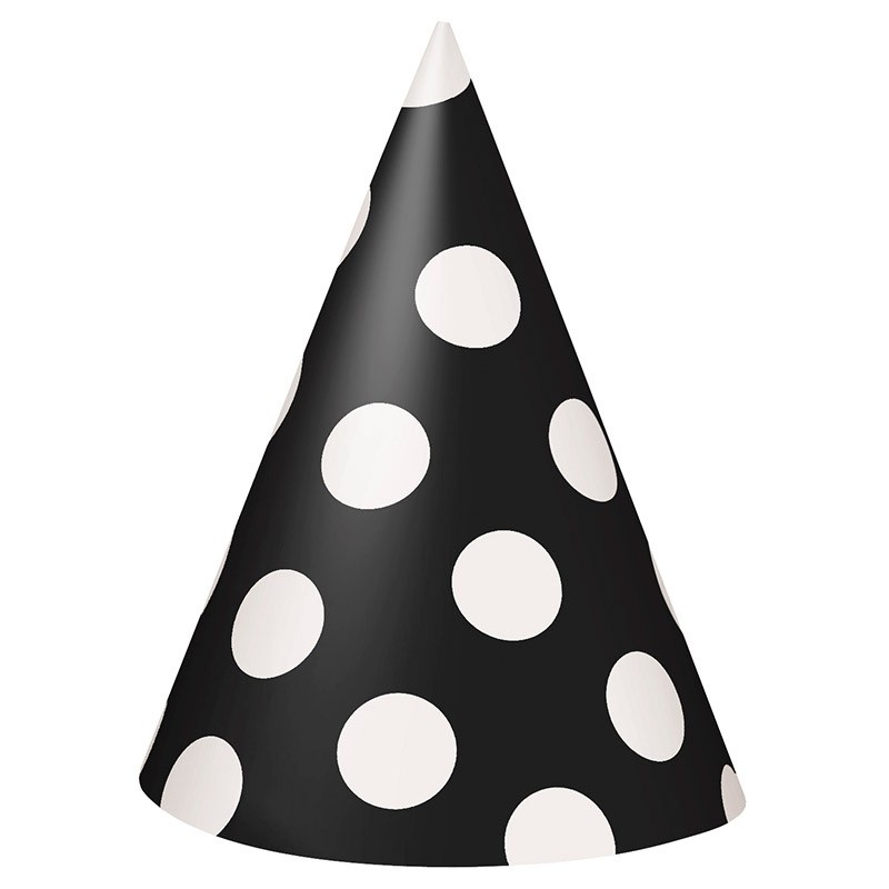 8 party hats Tiana black dotted 15cm