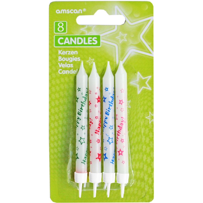 Cake candle white with Happy Birthday lettering including holder 8 pieces