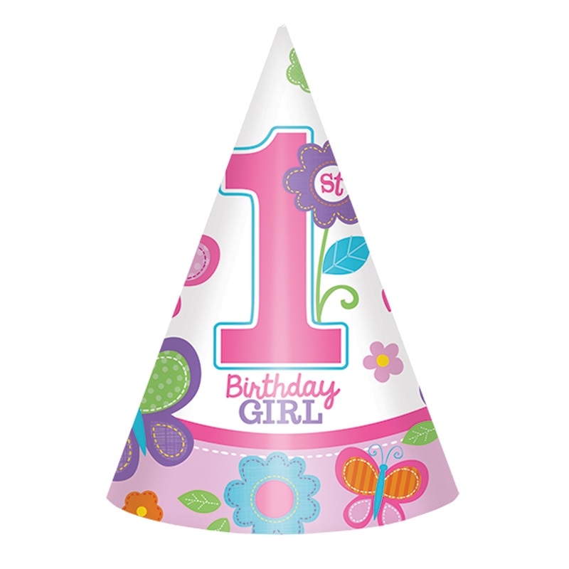 First birthday girl party hat with butterflies 8 pieces