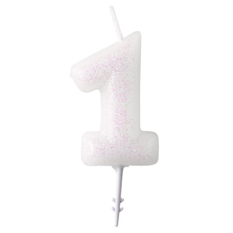 Glittering number candle 1 white 6.5cm
