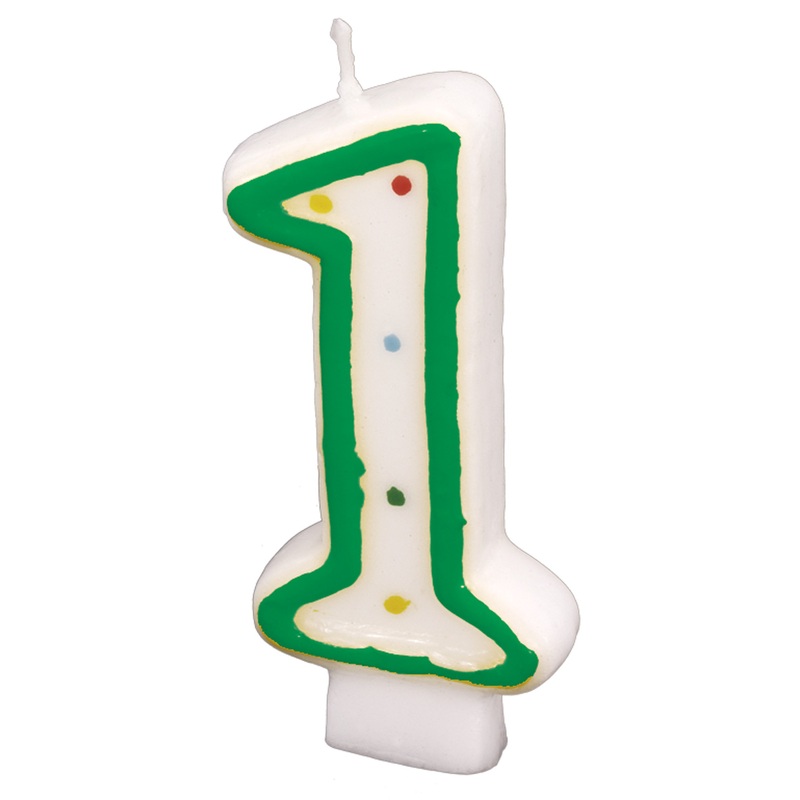 Number 1 cake candle white with colored dots 7.5cm