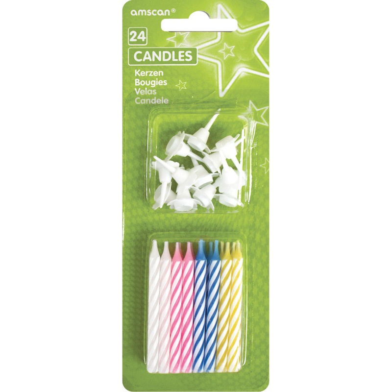 24 birthday cake candles with white stripes including 12 holders
