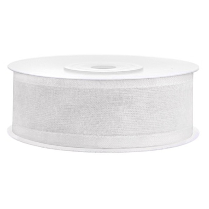 25m chiffon ribbon with satin corners white 25mm wide