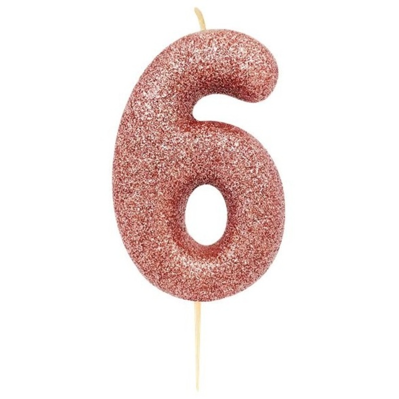 Glittering number 6 cake candle rose gold 7cm
