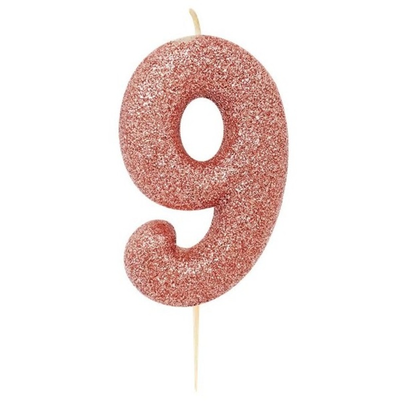 Glittering number 9 cake candle rose gold 7cm
