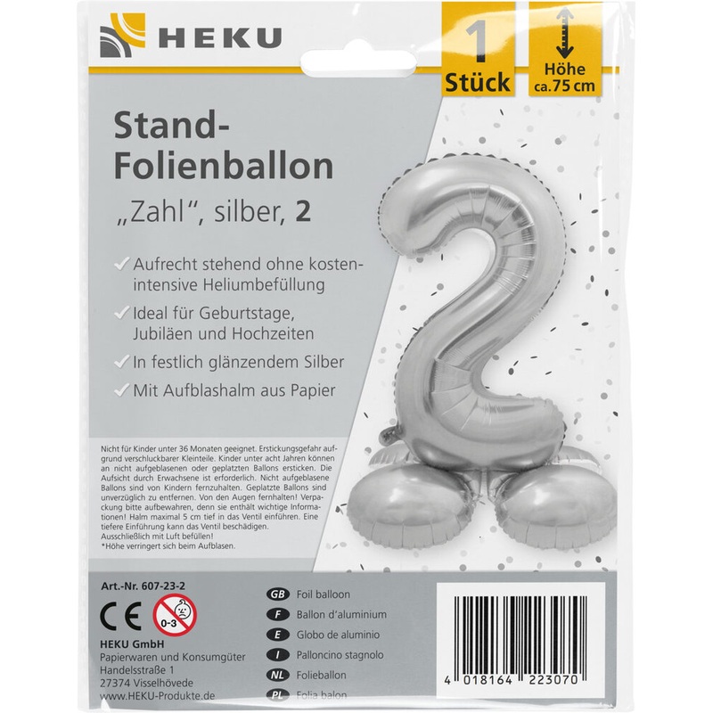 Stand Folienballon Zahl 2 silber 75cm