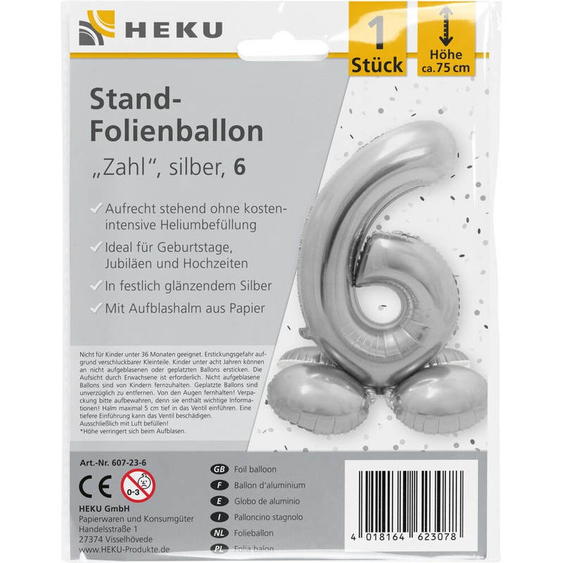 Stand Folienballon Zahl 6 silber 75cm