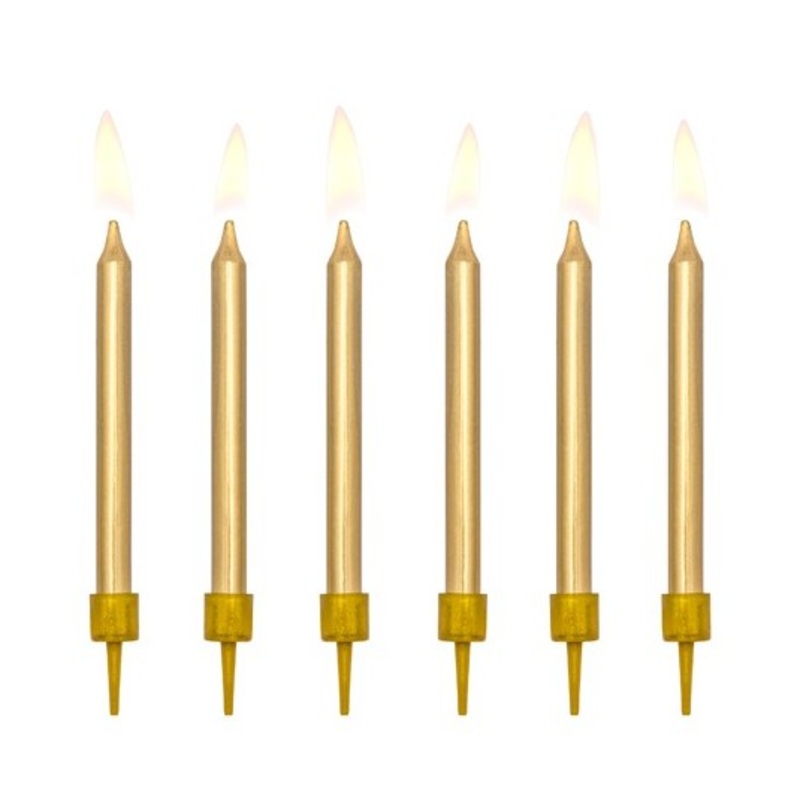 6 birthday candles including holders in gold 6cm