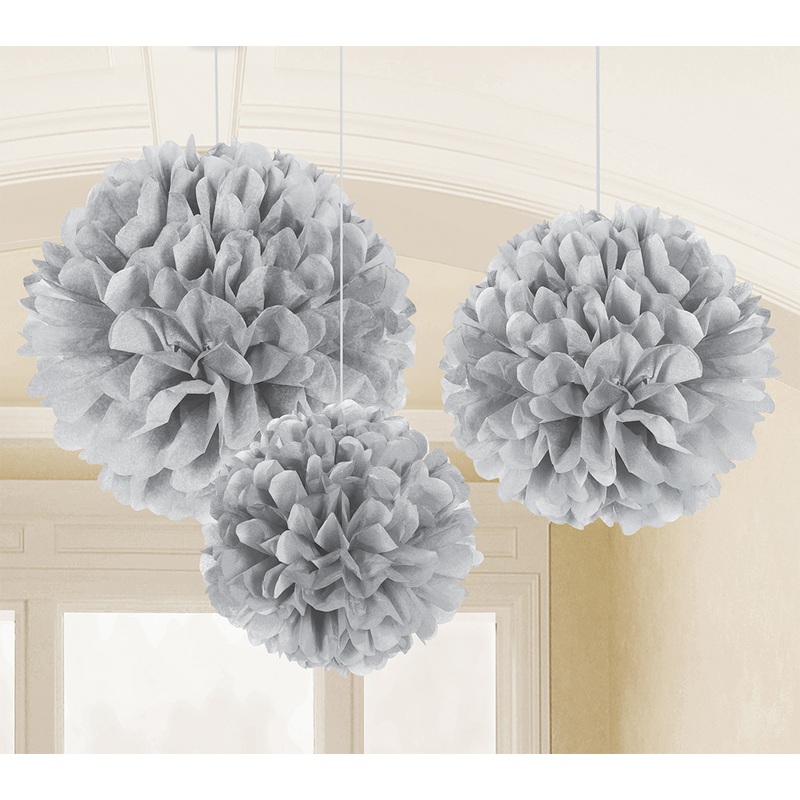 3 fluffy deco balls gray 40.6cm