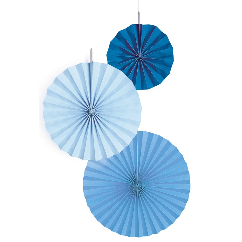 3 shiny blue paper rosettes