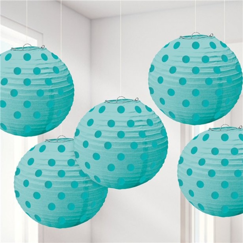 5 dotted turquoise paper lanterns 12cm