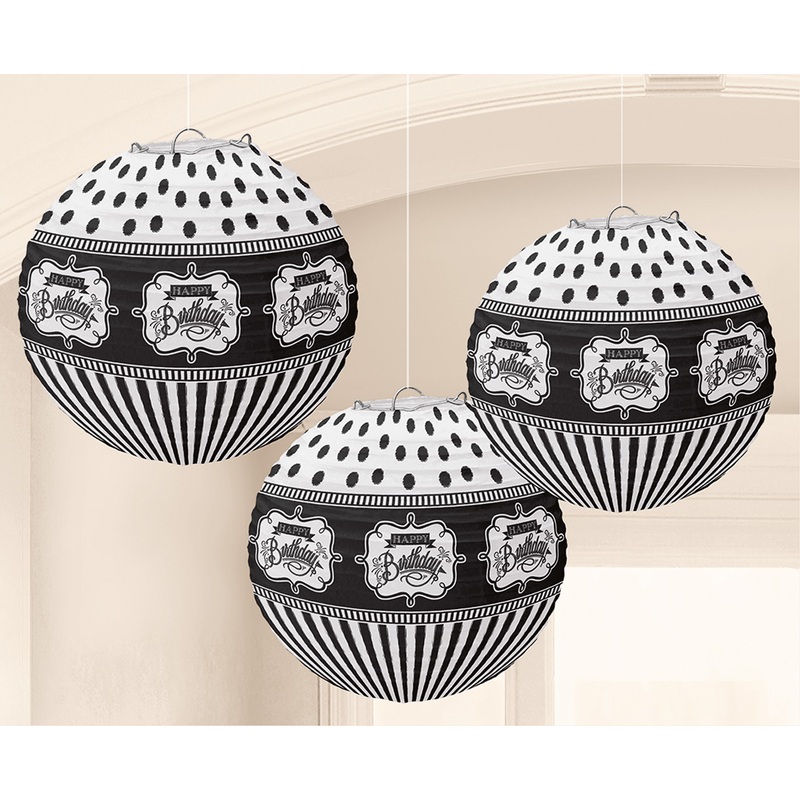 3 Black & White Birthday Chinese lanterns 24cm