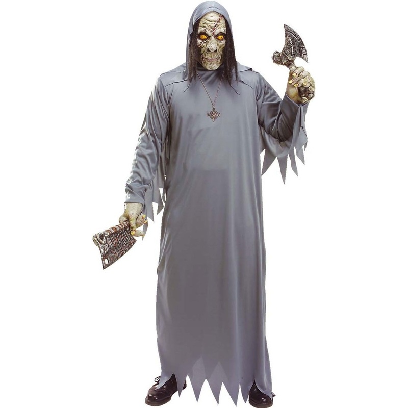 Halloween costume undead with hood & hands gray