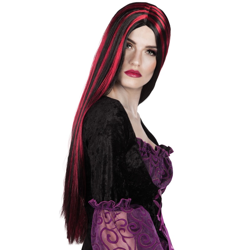 Black red streak long hair wig