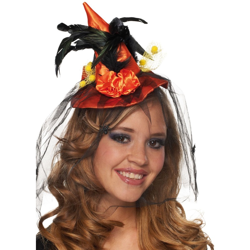 Orange witch hat with feathers and veil