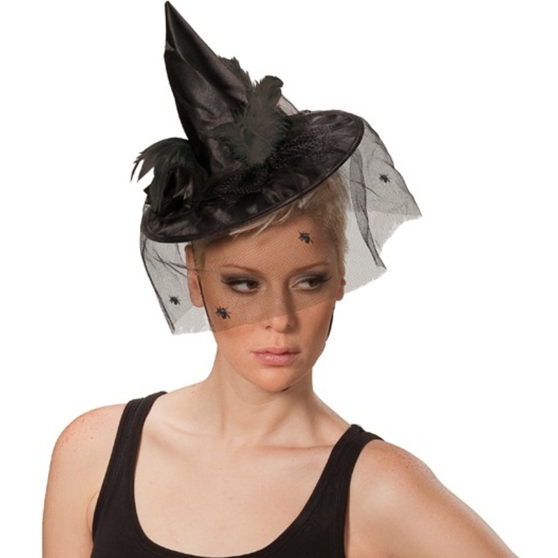 Witch hat with veil and feathers