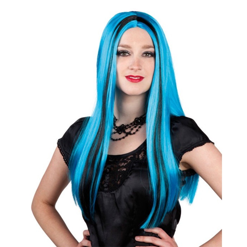 Halloween wig long hair blue cyan black