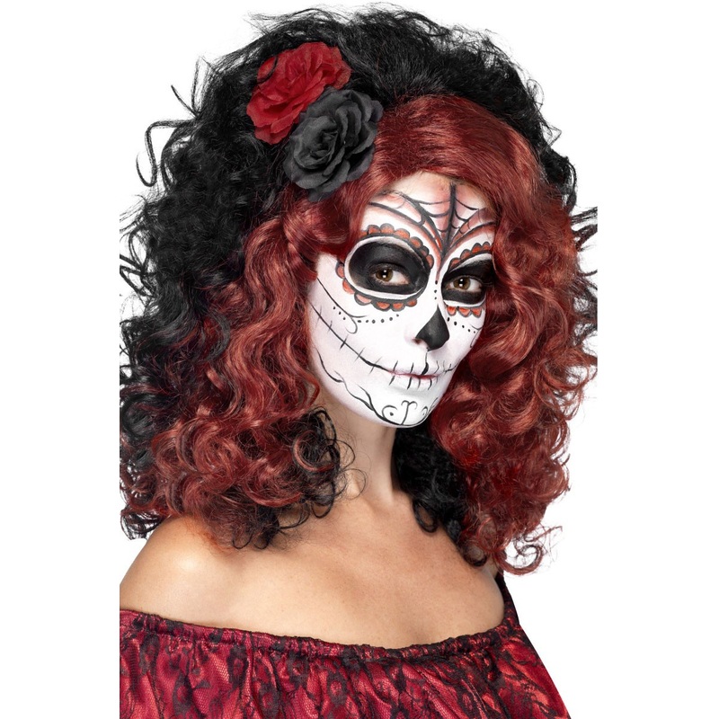 Red day of the dead wig with rose petals