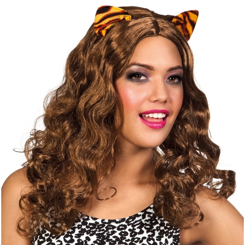 Brown women's wig with tiger ears