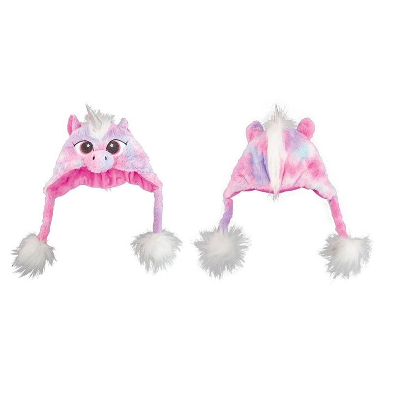 Plush pink unicorn hat for adults