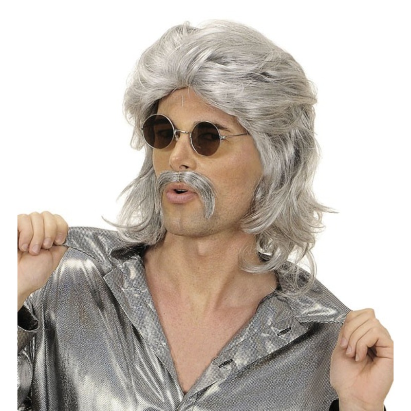 Gray disco wig with mustache for men