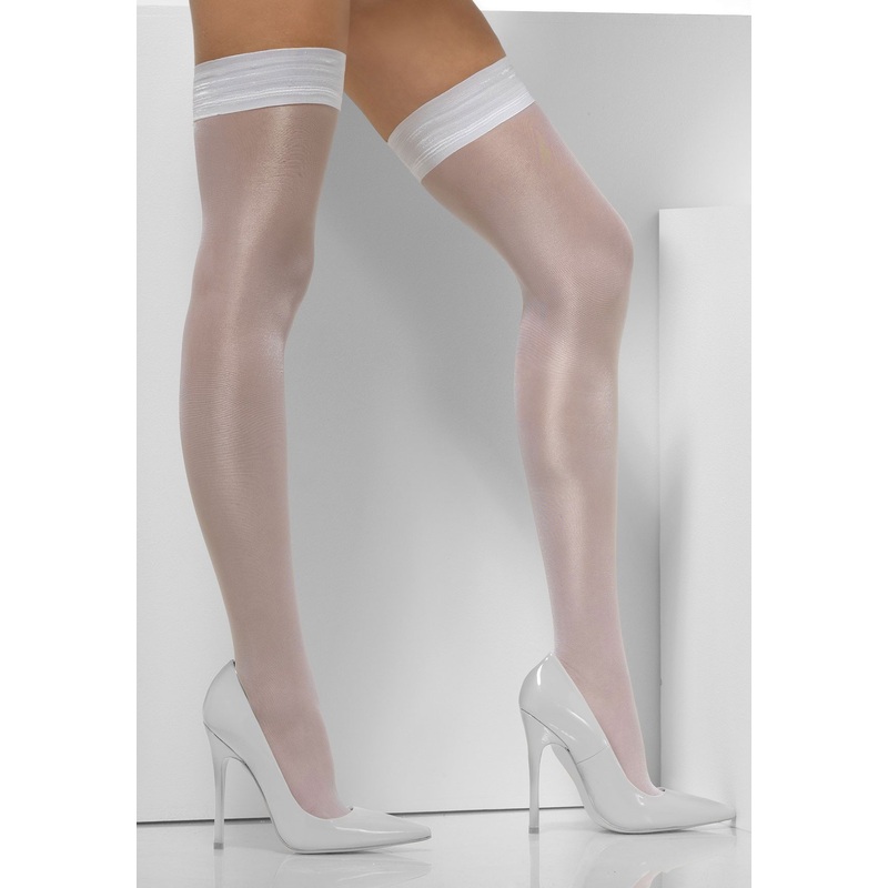 White overknee stockings with glossy silicone