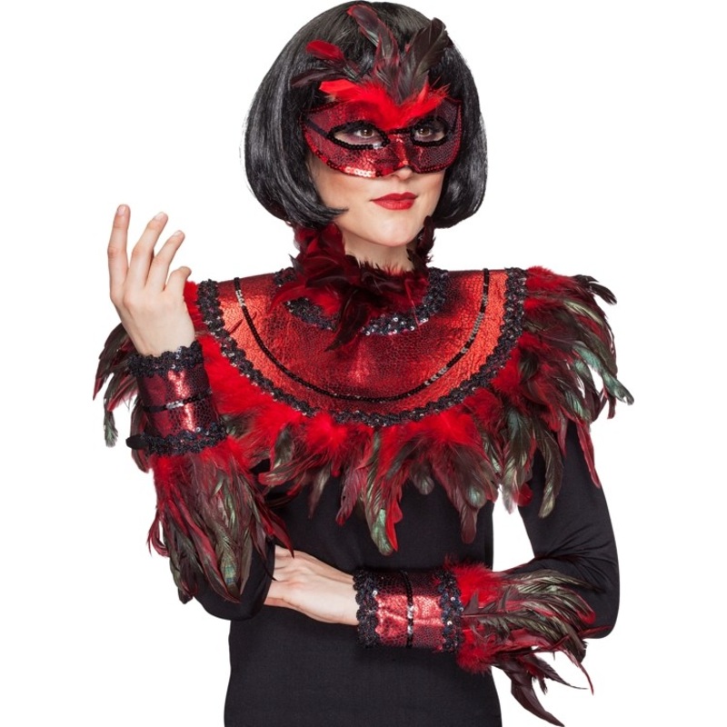 Red and black feather jewelry set