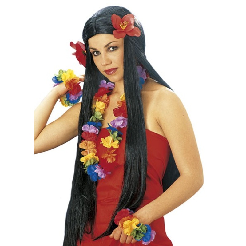 Hawaii Aloha Girl Wig With Flowers