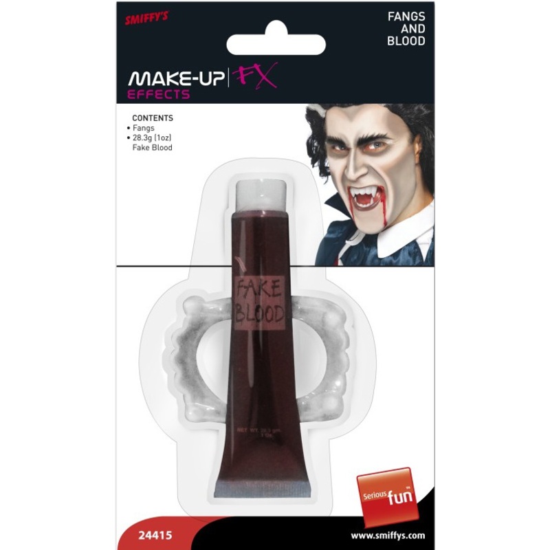Fangs and fake blood in horror set