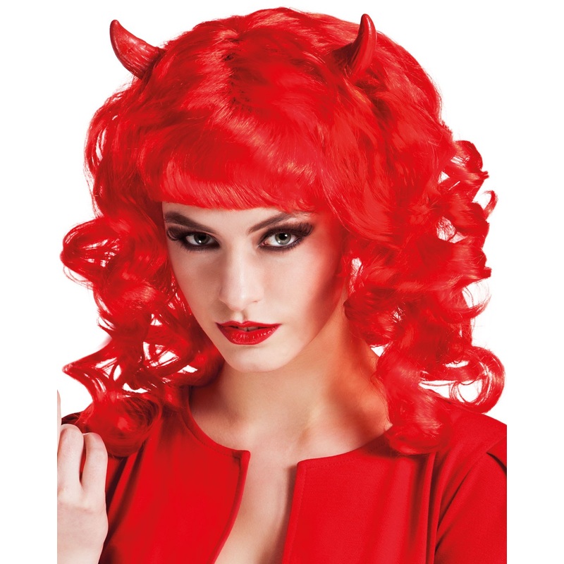 Devil red curly hair wig with horns