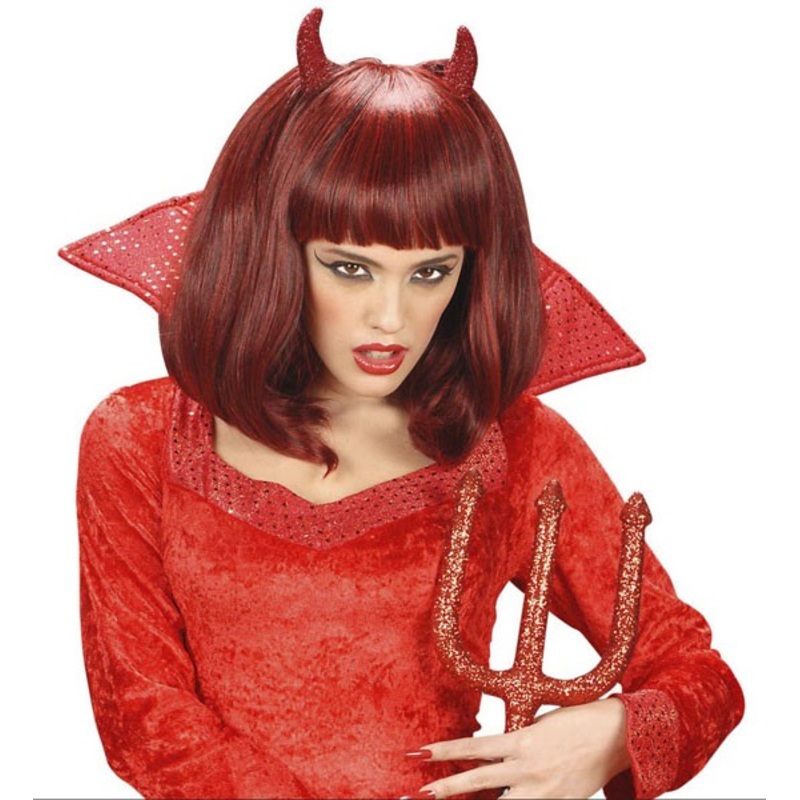 Halloween wig demonic devil red with horns