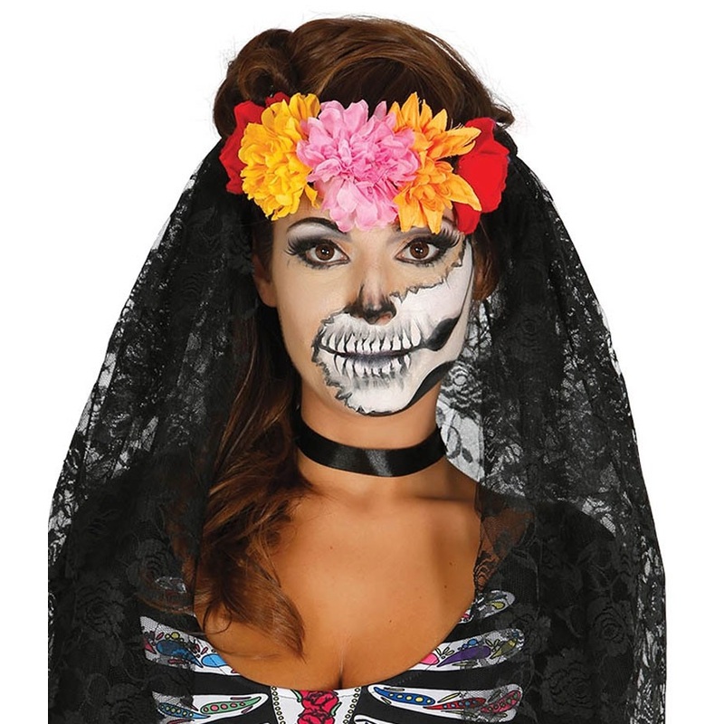 Day of the dead colorful floral headband with veil